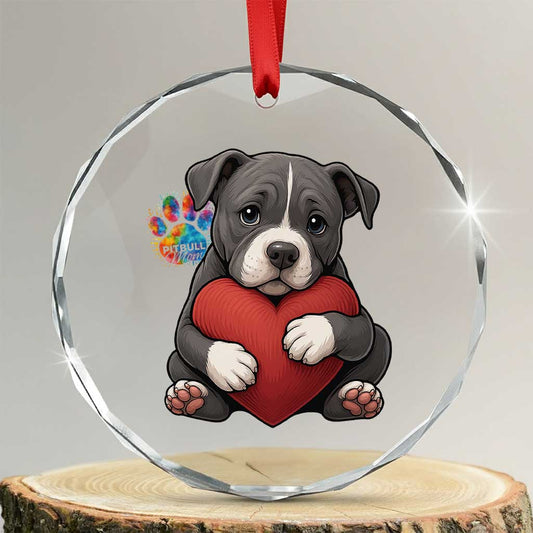 Pitbull Mom Crystal Glass Ornament Cute Puppy Hugging Heart Love Dog TS12