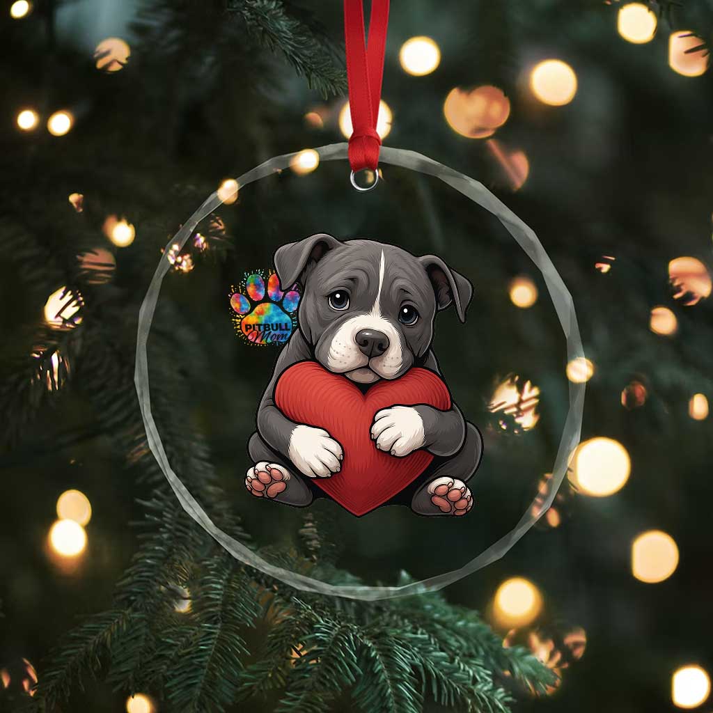Pitbull Mom Crystal Glass Ornament Cute Puppy Hugging Heart Love Dog TS12