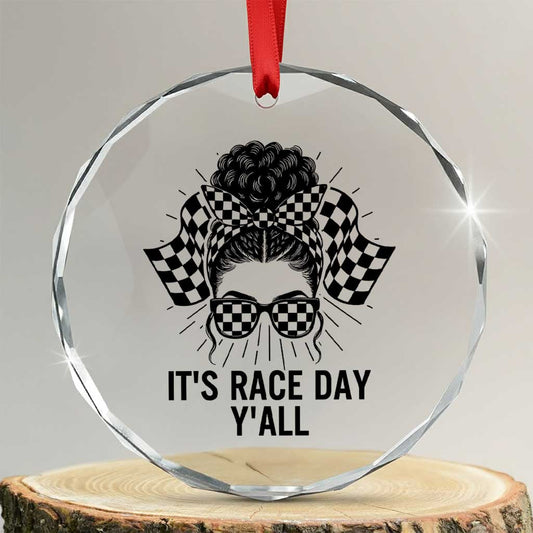 Racing Car Checkered Flag Crystal Glass Ornament Messy Bun Woman Race Day TS14