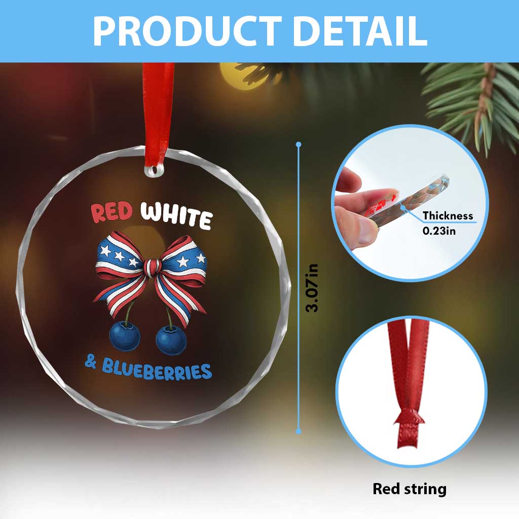 Red White and Blueberries Crystal Glass Ornament Retro Coquette Bow Vintage American Flag TS02