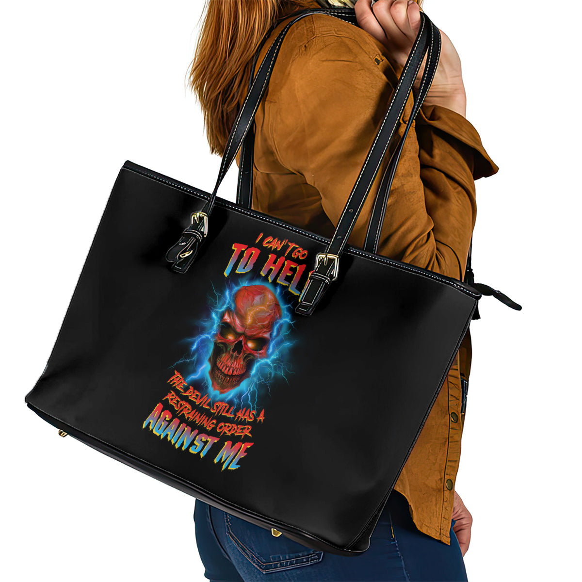 I Can't Go To Hell Thunder Skull Leather Tote Bag TS04