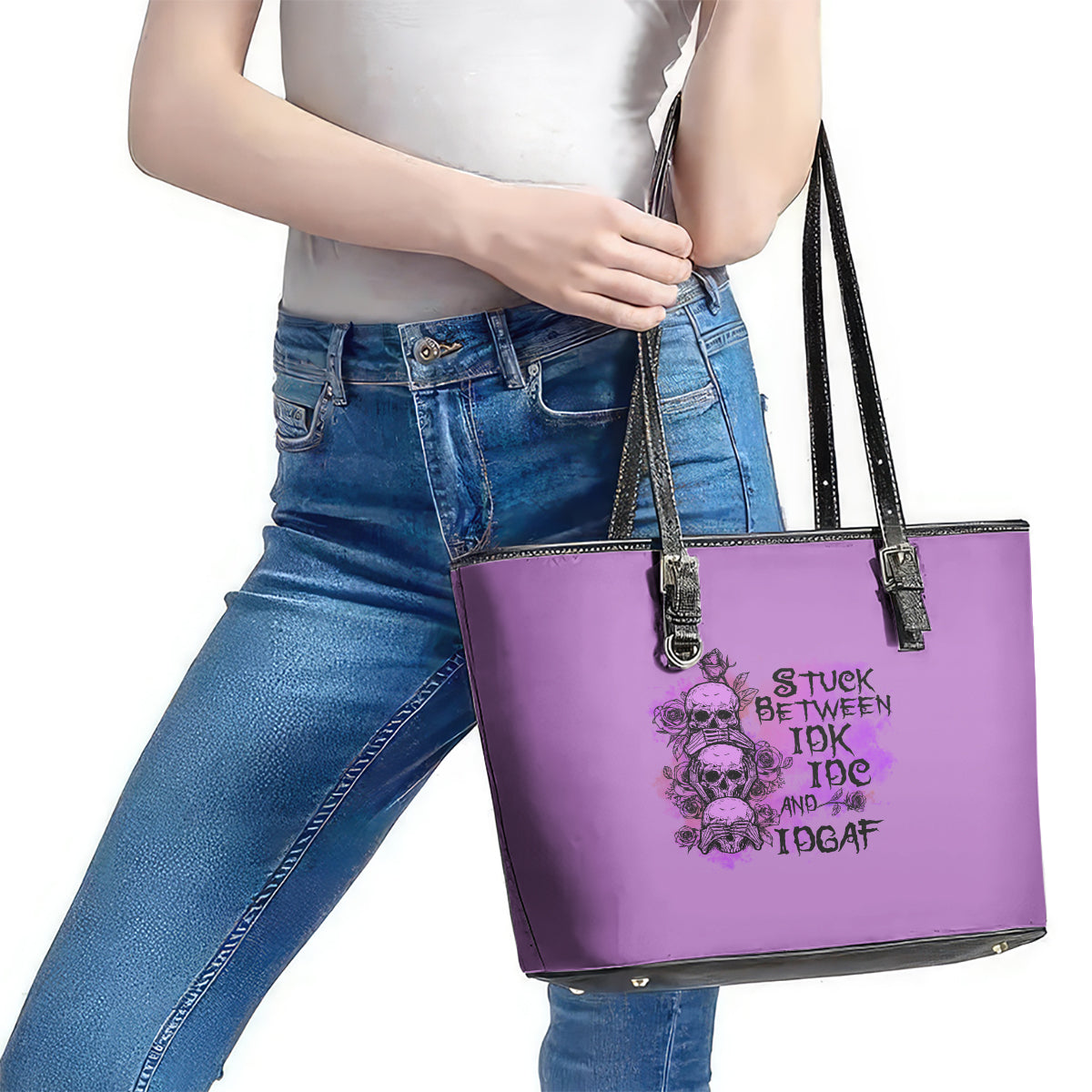 Stuck Between Idk Idc And Idgaf Leather Tote Bag TS04