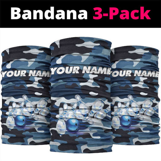 Blue Camouflage Pattern Neck Gaiter with Bowling Pins and Ball Graphic Design TS04