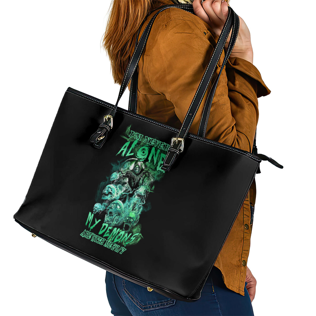 I'm Never Alone Skull Reaper Leather Tote Bag TS04
