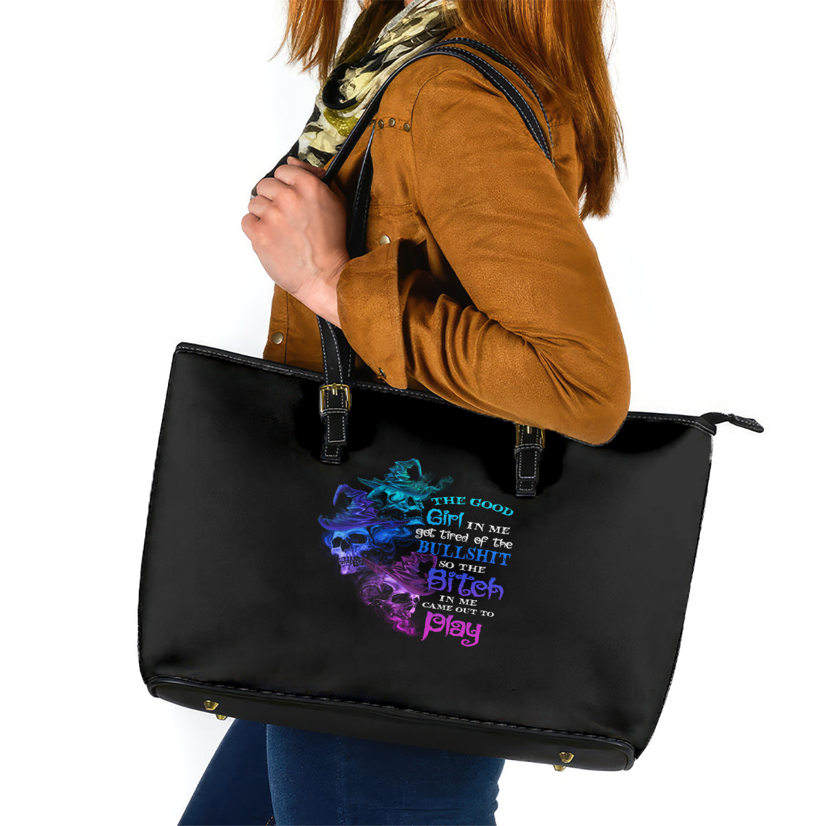 The Good Girl In Me Got Tired Skull Witch Halloween Leather Tote Bag TS04