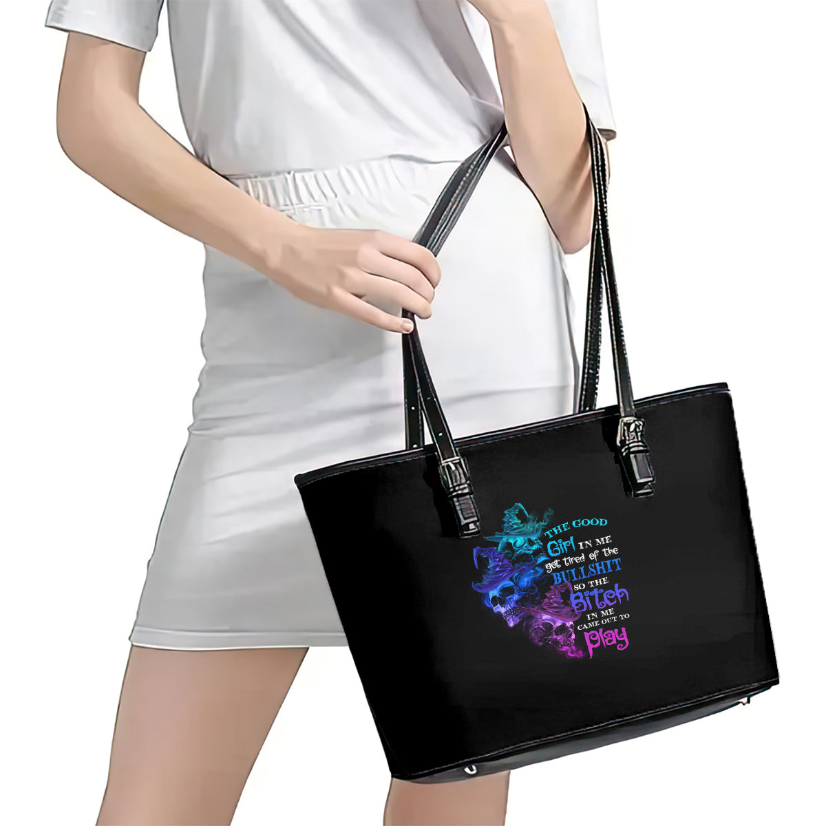The Good Girl In Me Got Tired Skull Witch Halloween Leather Tote Bag TS04
