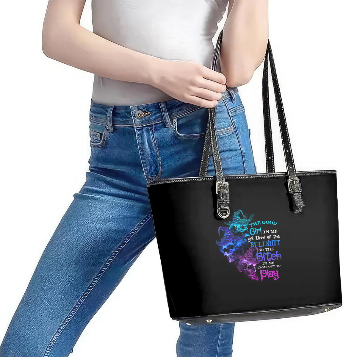 The Good Girl In Me Got Tired Skull Witch Halloween Leather Tote Bag TS04