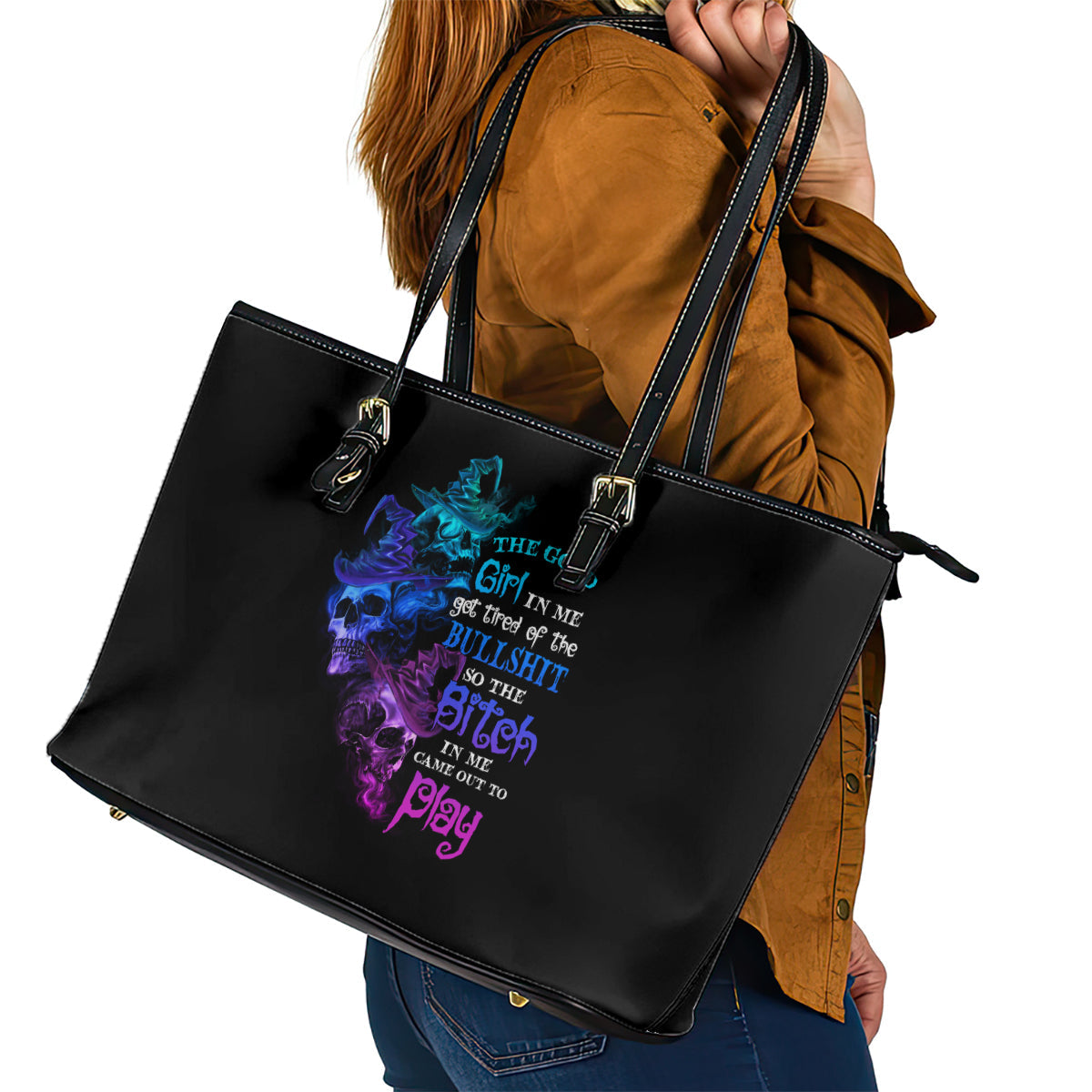 The Good Girl In Me Got Tired Skull Witch Halloween Leather Tote Bag TS04