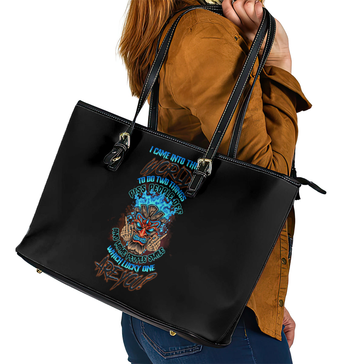 Which Lucky One Are You Skull Tiki Leather Tote Bag TS04