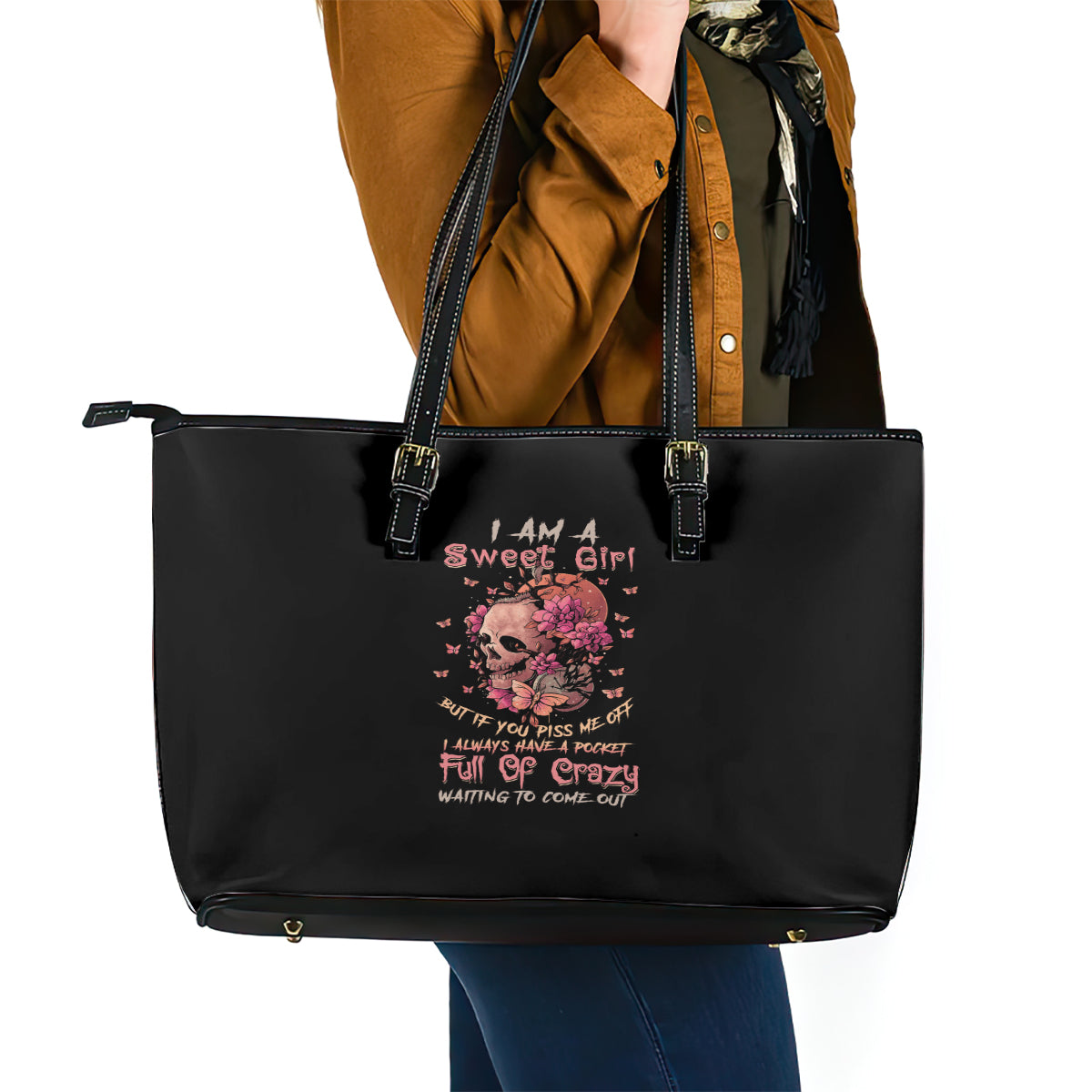 I Am A Sweet Girl Flower Skull Leather Tote Bag TS04