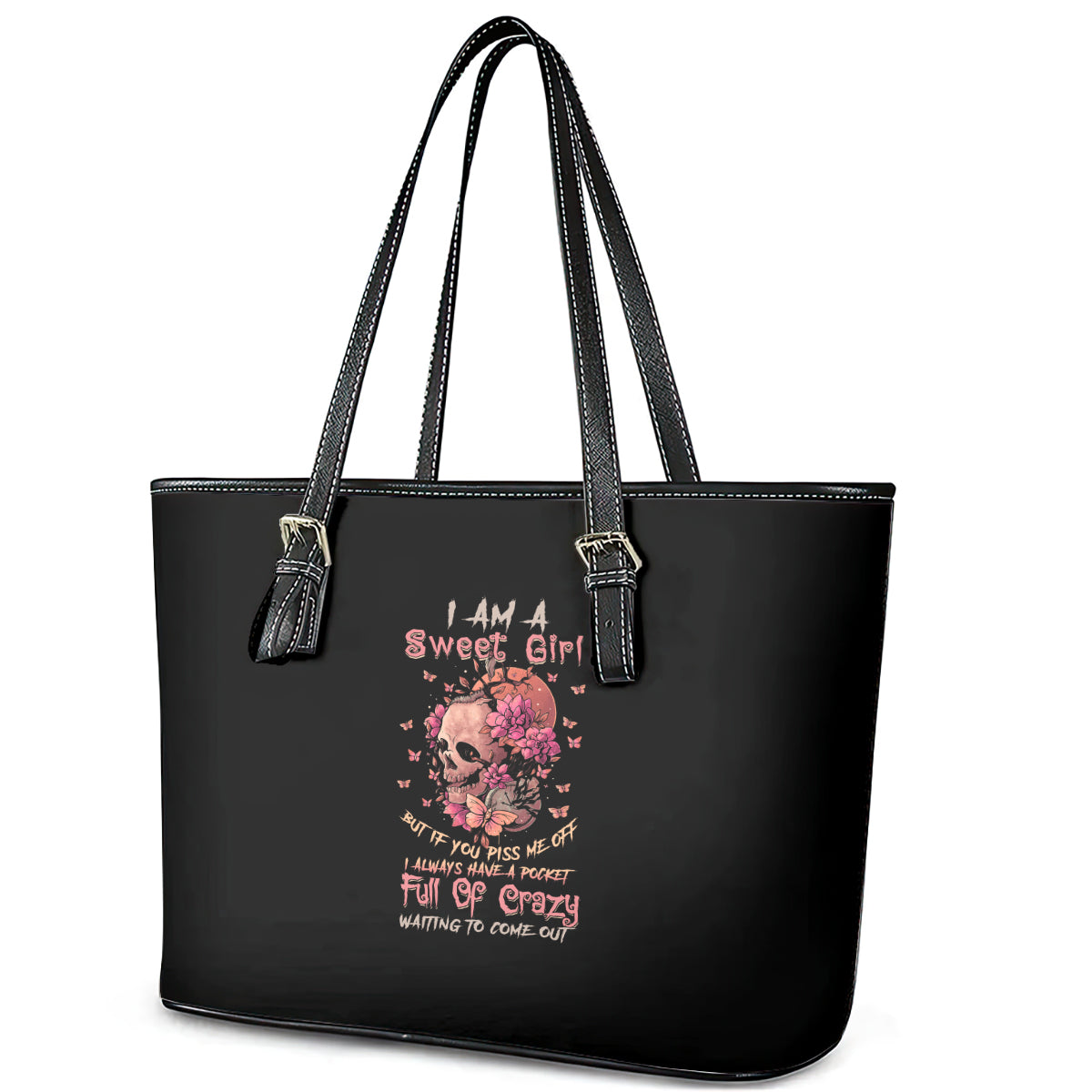 I Am A Sweet Girl Flower Skull Leather Tote Bag TS04