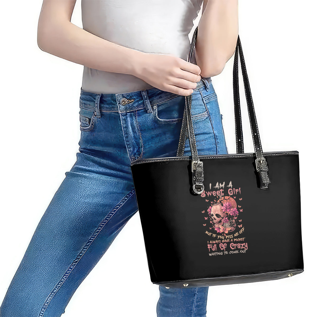I Am A Sweet Girl Flower Skull Leather Tote Bag TS04