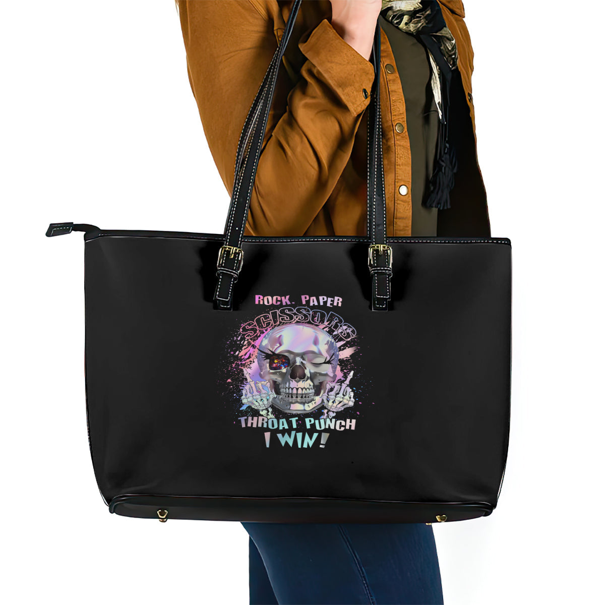 Rock Paper Throat Punch I Win Leather Tote Bag TS04