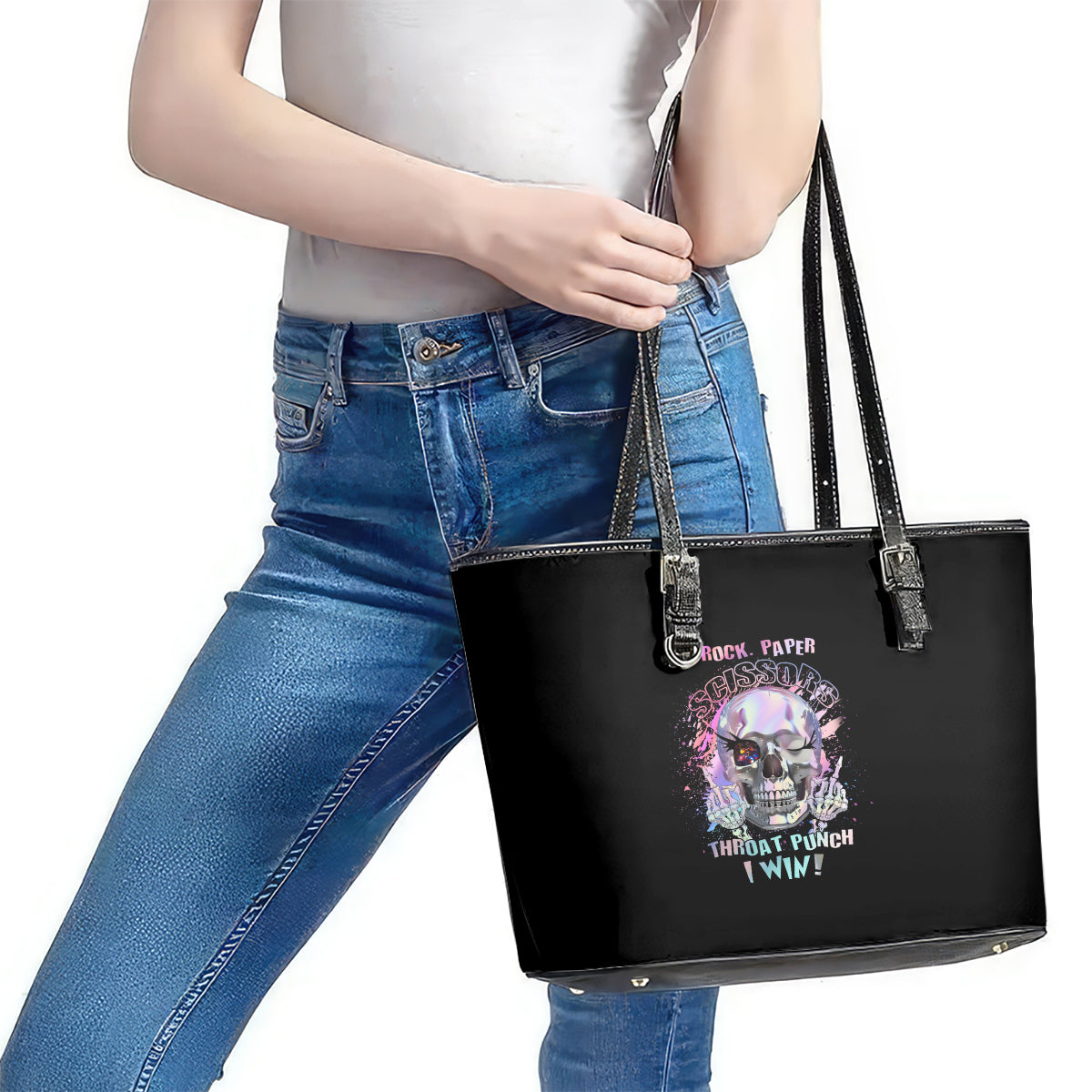 Rock Paper Throat Punch I Win Leather Tote Bag TS04