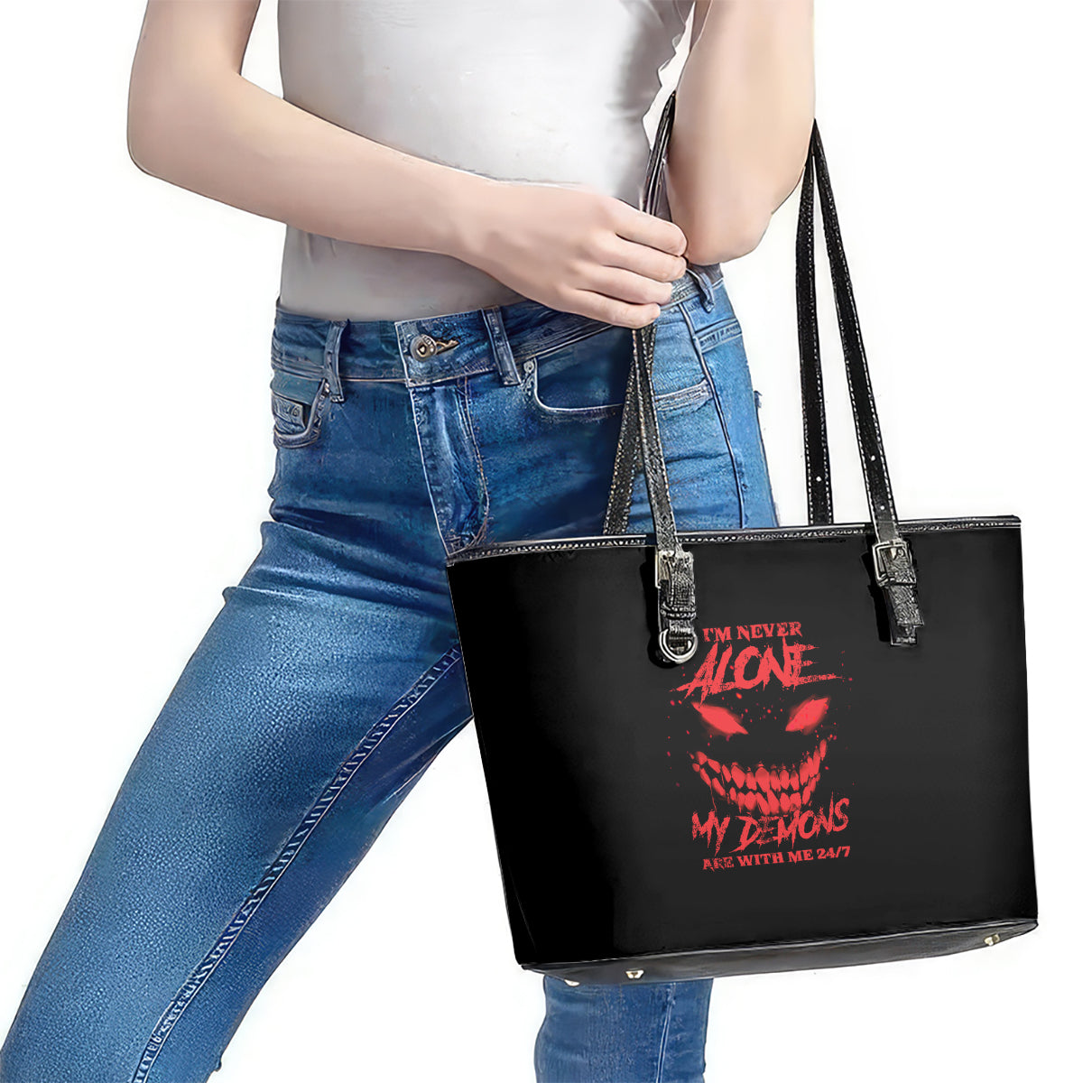 I'm Never Alone My Demon Are With Me Leather Tote Bag TS04