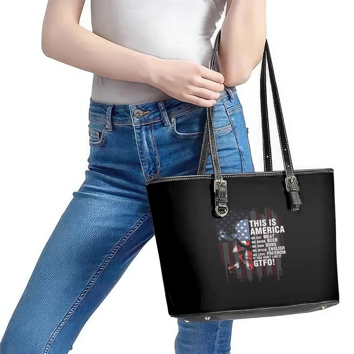 This Is America Patriotic Skull Leather Tote Bag TS04
