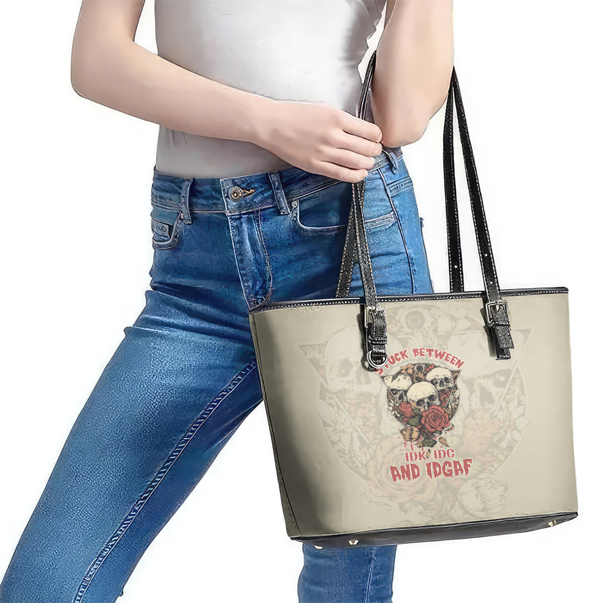 Stuck Between Idk Idc And Idgaf Skull Leather Tote Bag TS04