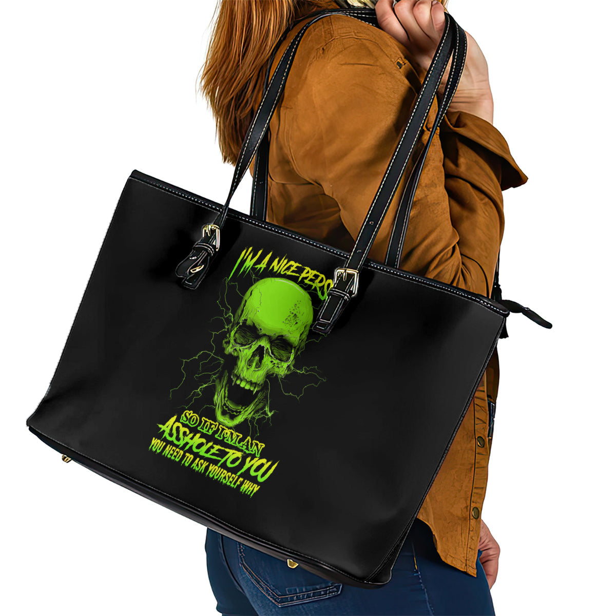I'm A Nice Person Skull Leather Tote Bag TS04