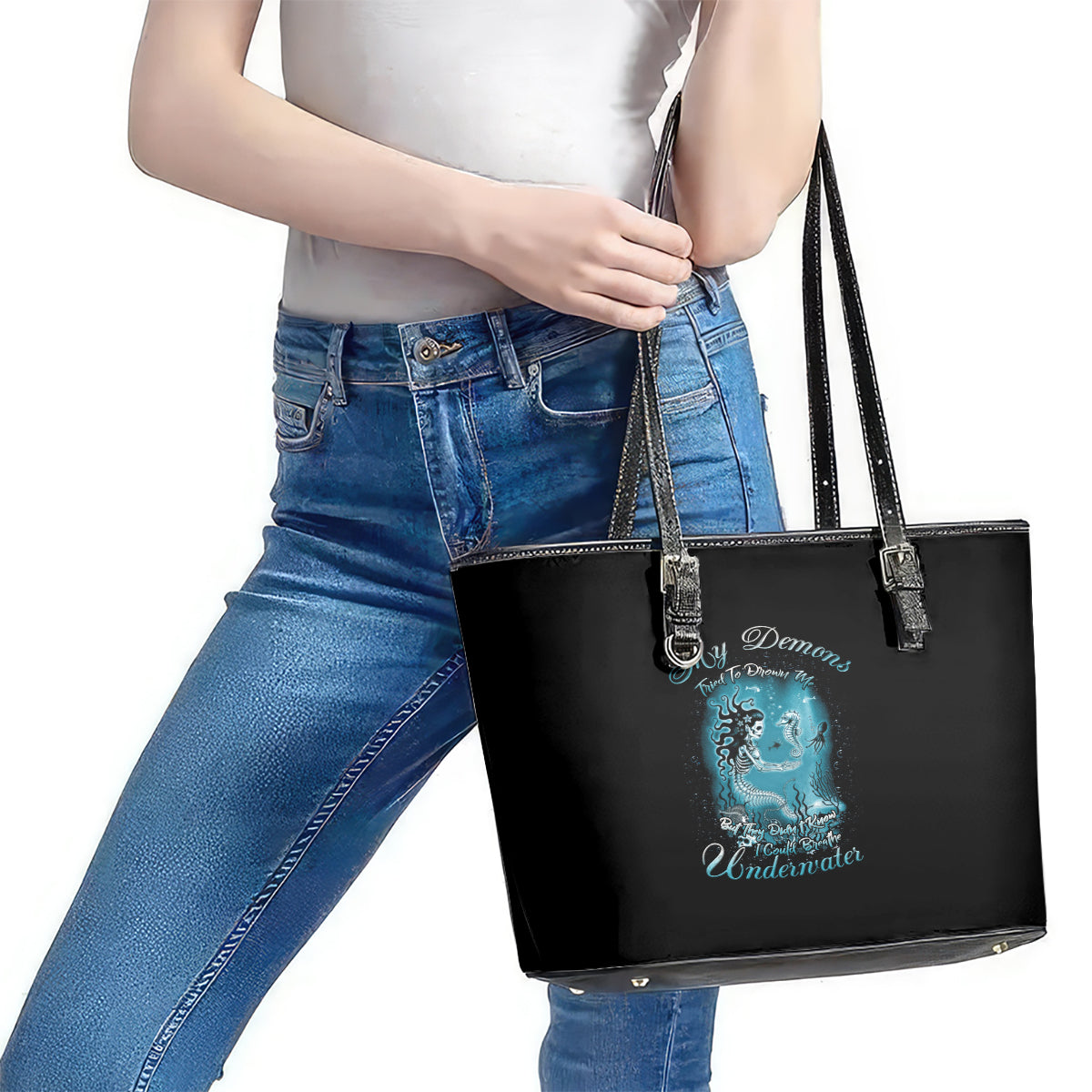 My Demons Tried To Drown Me Mermaid Leather Tote Bag TS04