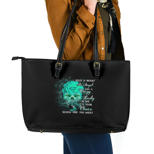 I Hold A Beast An Angel Crazy Lady In Me Leather Tote Bag TS04