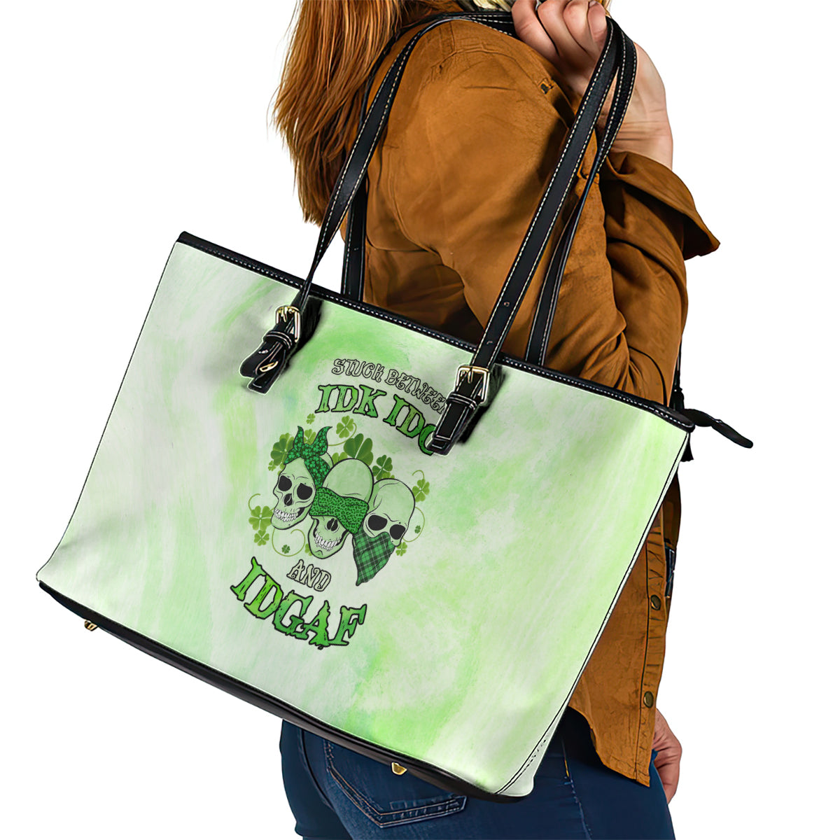 Stuck Between Idk Idc And Idgaf Rose Skull Patrick's Day Leather Tote Bag TS04