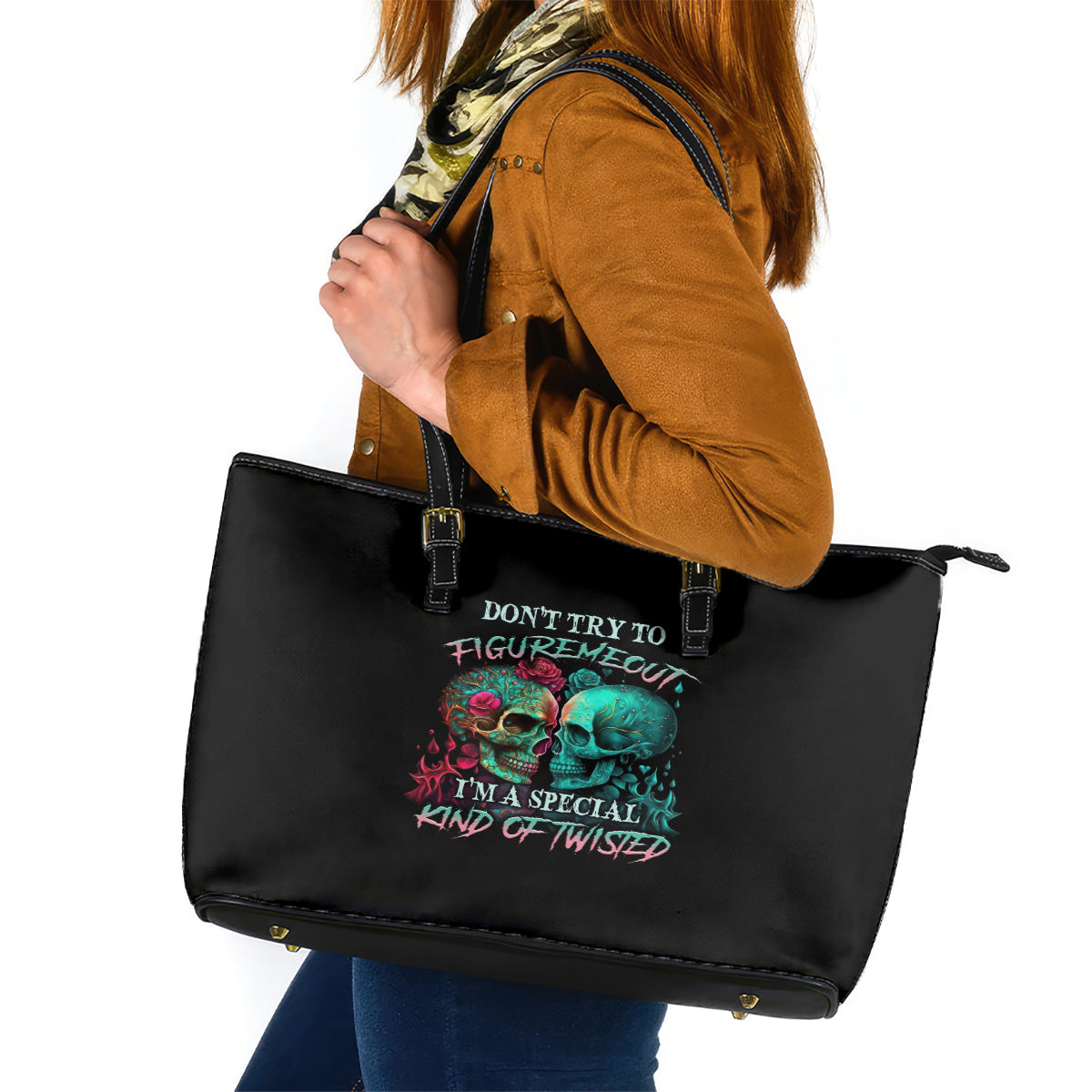 Don't Try To Figure Me Out Skull Leather Tote Bag TS04