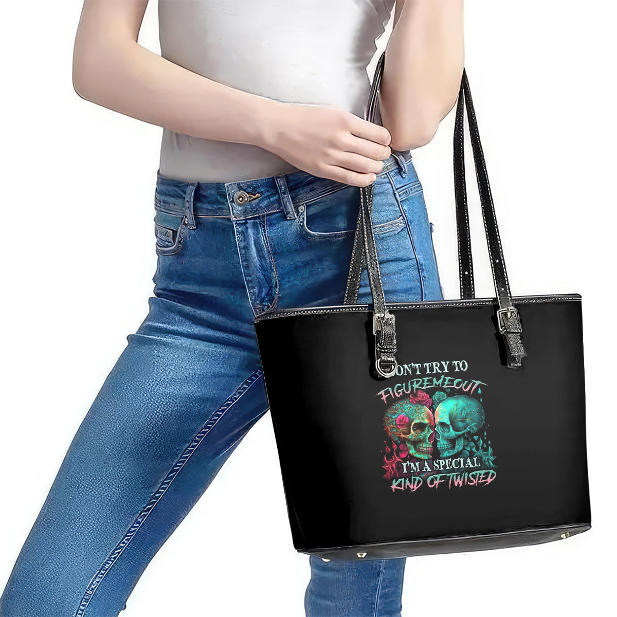 Don't Try To Figure Me Out Skull Leather Tote Bag TS04