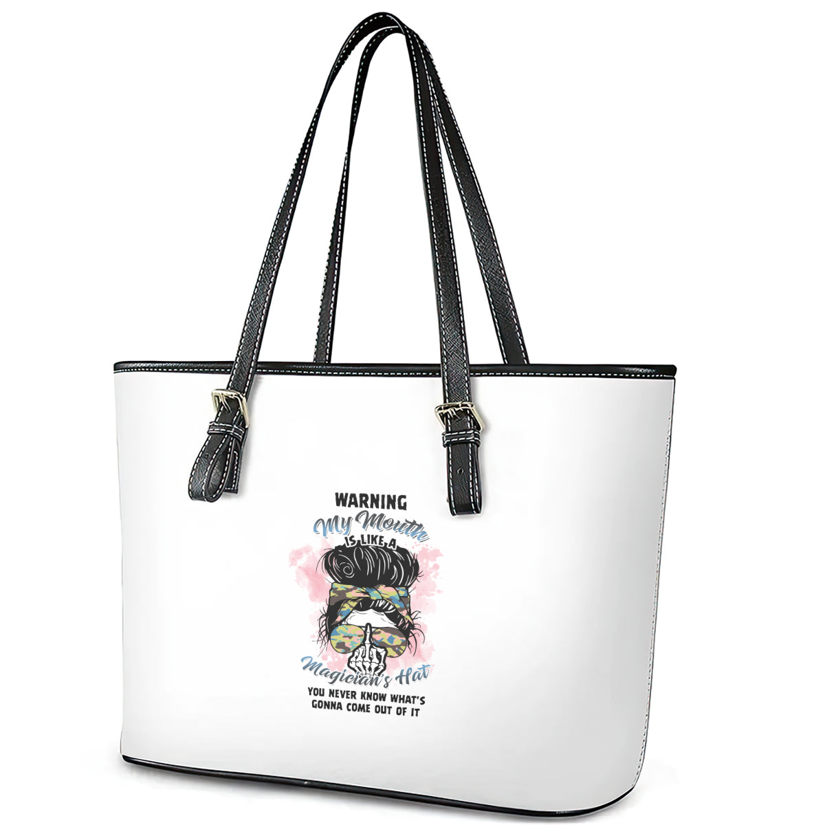 Warning My Mouth Messy Bun Leather Tote Bag TS04