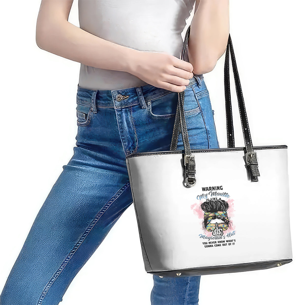 Warning My Mouth Messy Bun Leather Tote Bag TS04