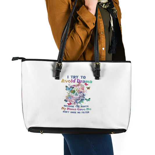 I Try To Avoid Drama Sugar Skull Colorful Leather Tote Bag TS04