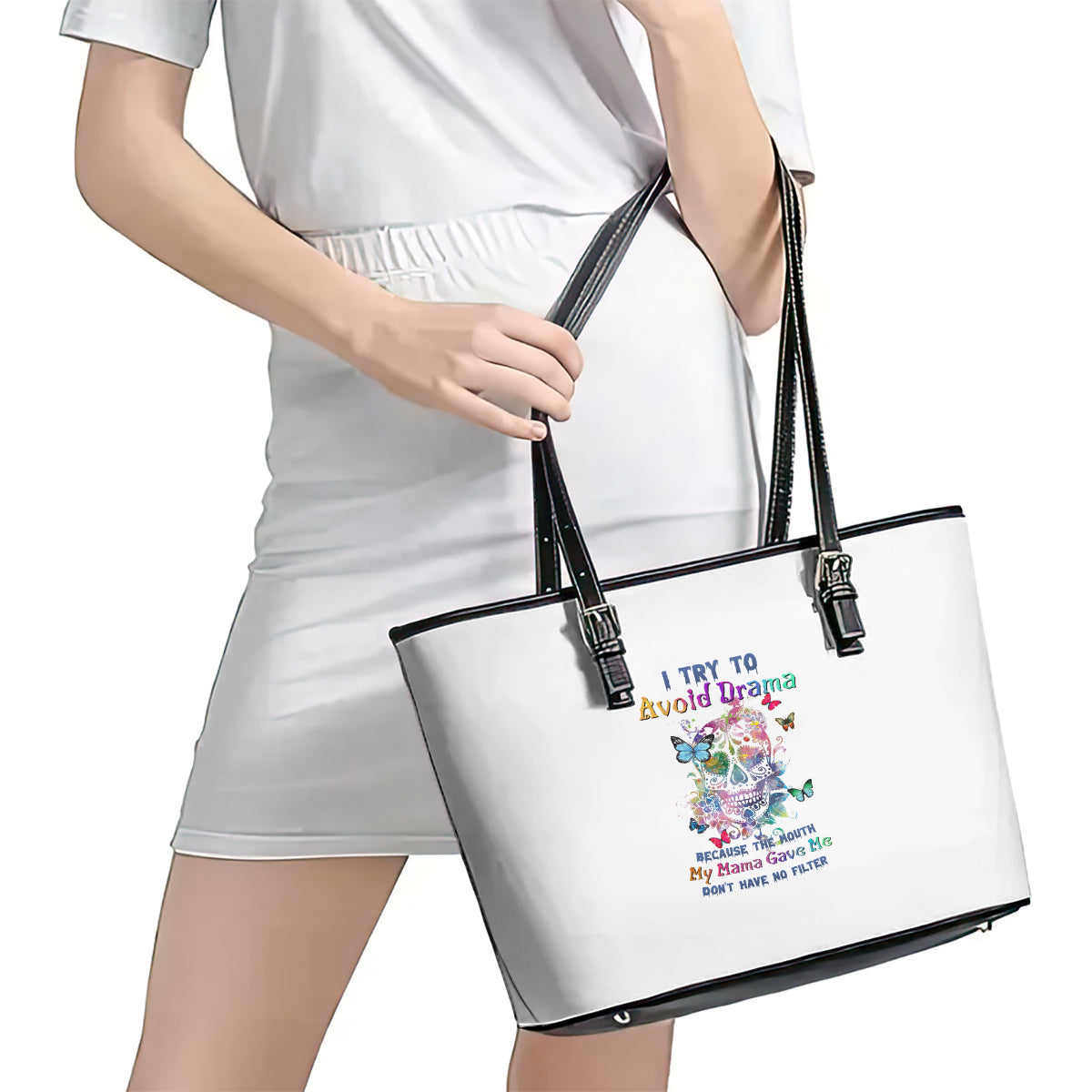 I Try To Avoid Drama Sugar Skull Colorful Leather Tote Bag TS04