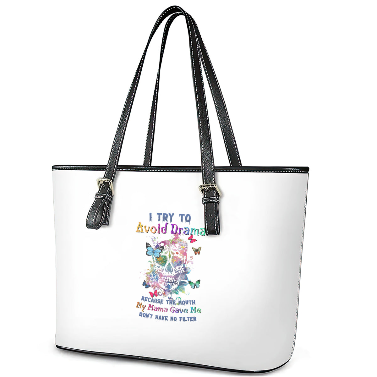 I Try To Avoid Drama Sugar Skull Colorful Leather Tote Bag TS04