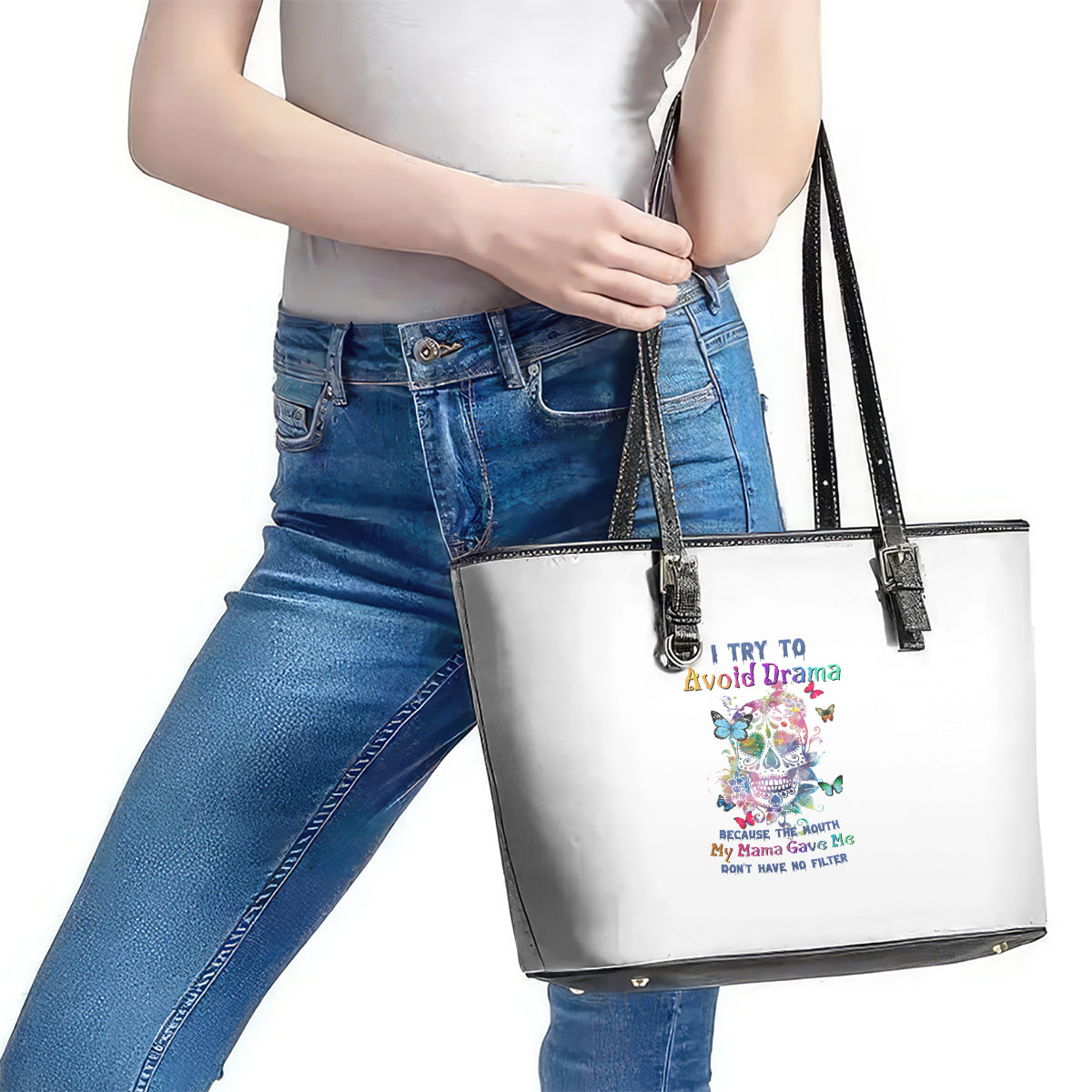 I Try To Avoid Drama Sugar Skull Colorful Leather Tote Bag TS04