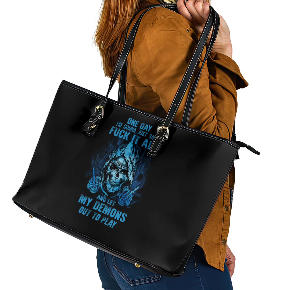My Demons Out To Play Skull Leather Tote Bag TS04