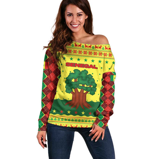 Senegal Christmas Off Shoulder Sweater with Yellow-Green-Red Design, Baobab Tree, and National Coat of Arms Motif TS04
