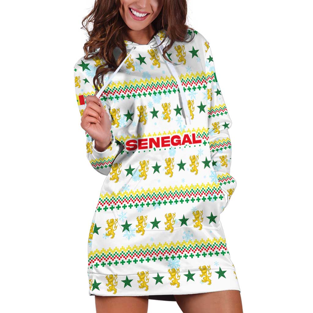 Senegal Christmas Hoodie Dress with White-Green-Yellow Design, Golden Lion, and Festive Stars Motif TS04