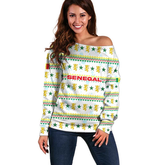 Senegal Christmas Off Shoulder Sweater with White-Green-Yellow Design, Golden Lion, and Festive Stars Motif TS04