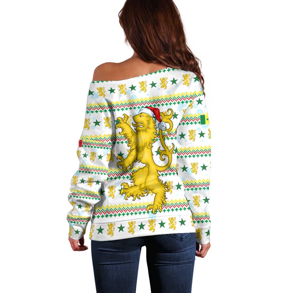 Senegal Christmas Off Shoulder Sweater with White-Green-Yellow Design, Golden Lion, and Festive Stars Motif TS04