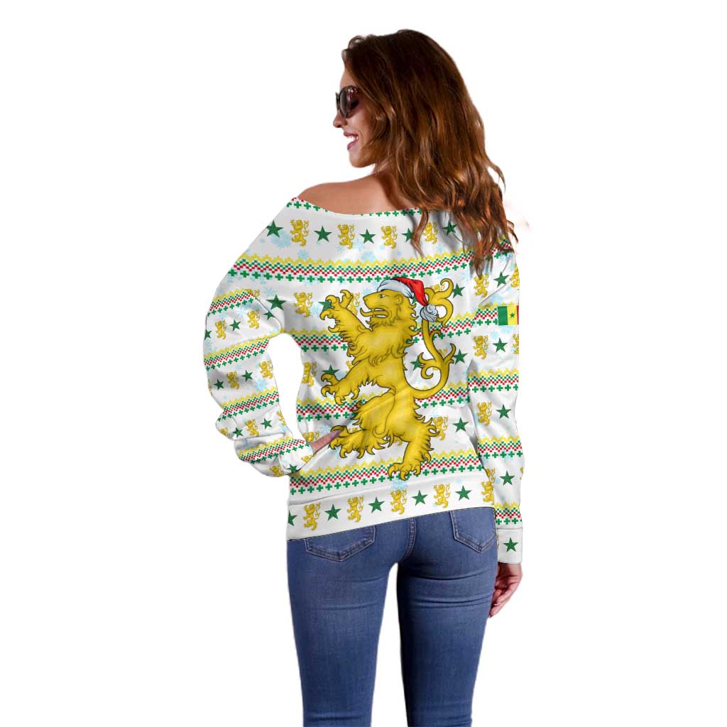 Senegal Christmas Off Shoulder Sweater with White-Green-Yellow Design, Golden Lion, and Festive Stars Motif TS04