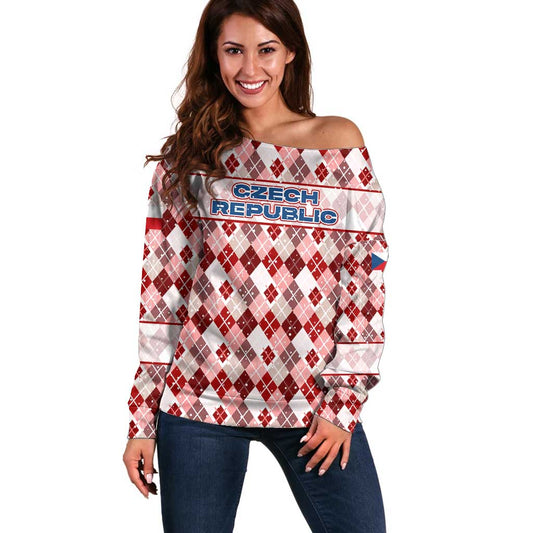 Czech Republic Christmas Off Shoulder Sweater with Red-White Checkered Design, Double-Tailed Lion, and Festive Motif TS04