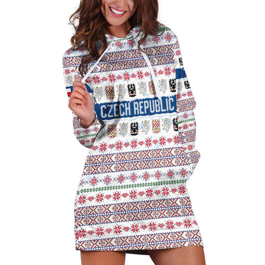 Czech Republic Christmas Hoodie Dress with Folk Embroidery Design, National Coat of Arms, and Festive Motif TS04