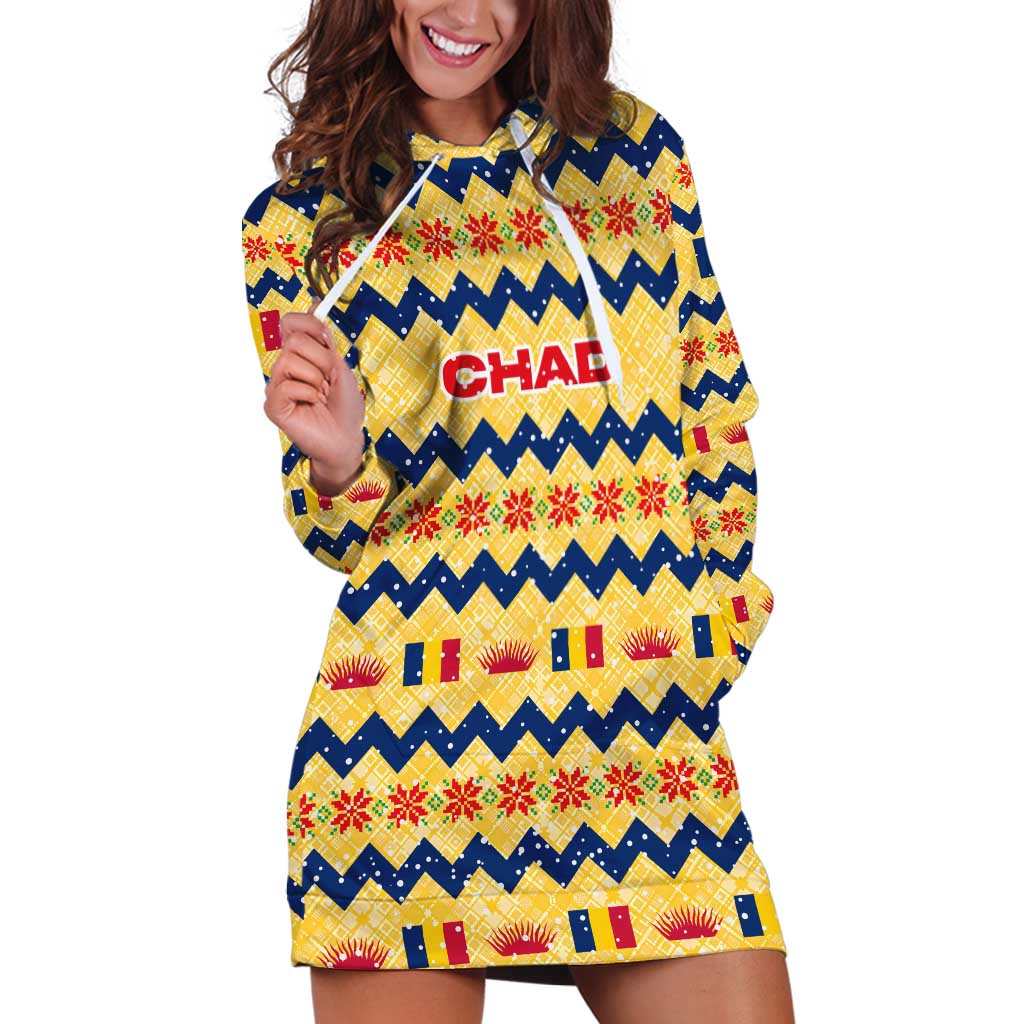 Chad Christmas Hoodie Dress with Yellow-Blue Geometric Design, National Coat of Arms, and Festive Motif TS04
