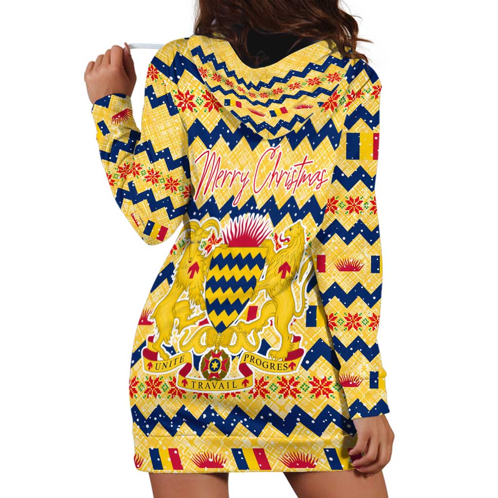 Chad Christmas Hoodie Dress with Yellow-Blue Geometric Design, National Coat of Arms, and Festive Motif TS04