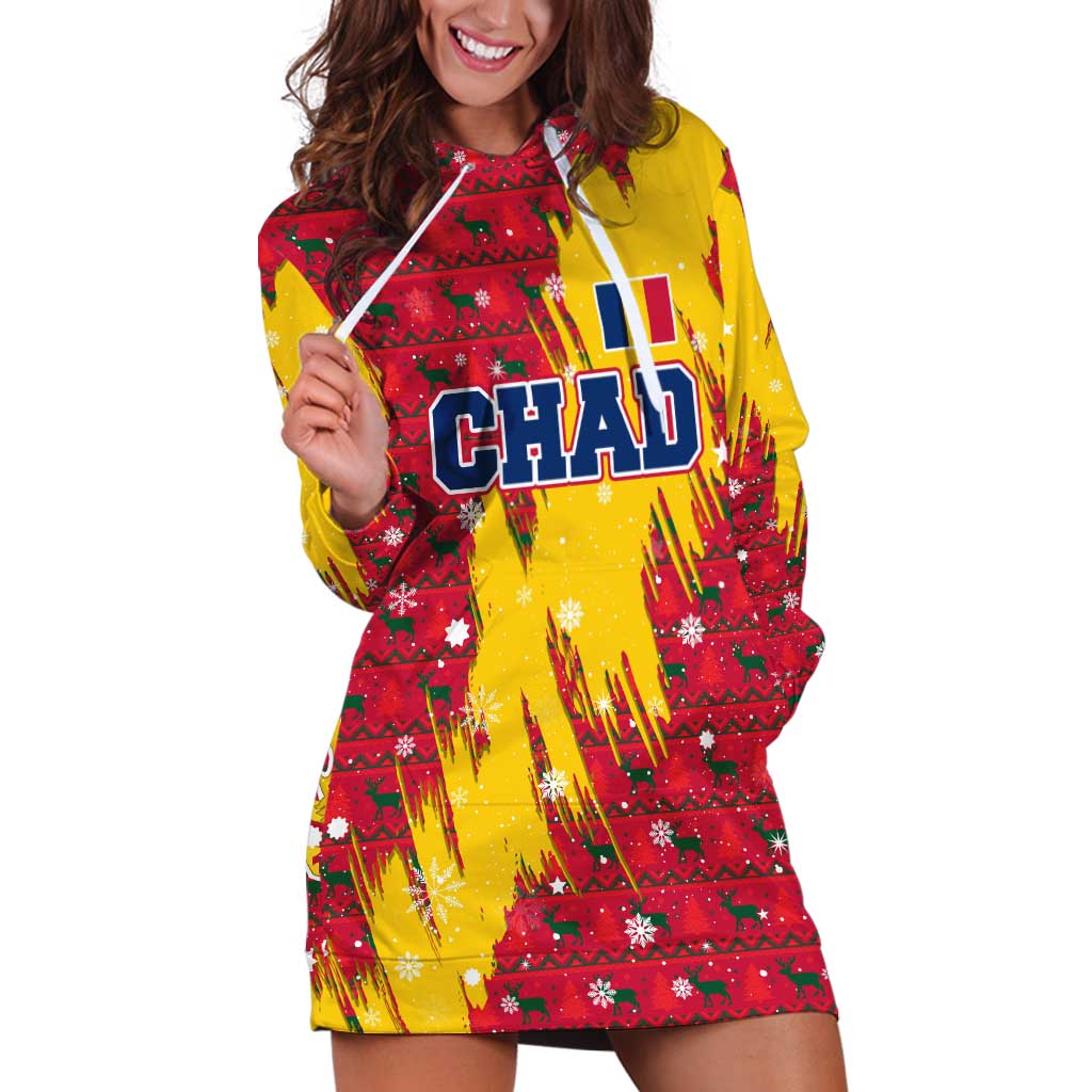 Chad Christmas Hoodie Dress with Red-Yellow Festive Pattern, National Coat of Arms, and Snowflake Accents TS04