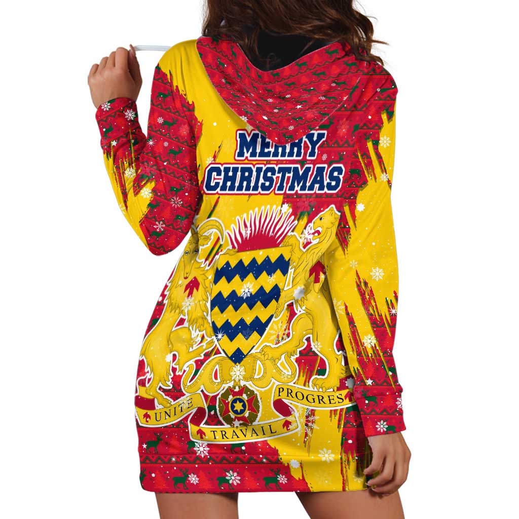 Chad Christmas Hoodie Dress with Red-Yellow Festive Pattern, National Coat of Arms, and Snowflake Accents TS04