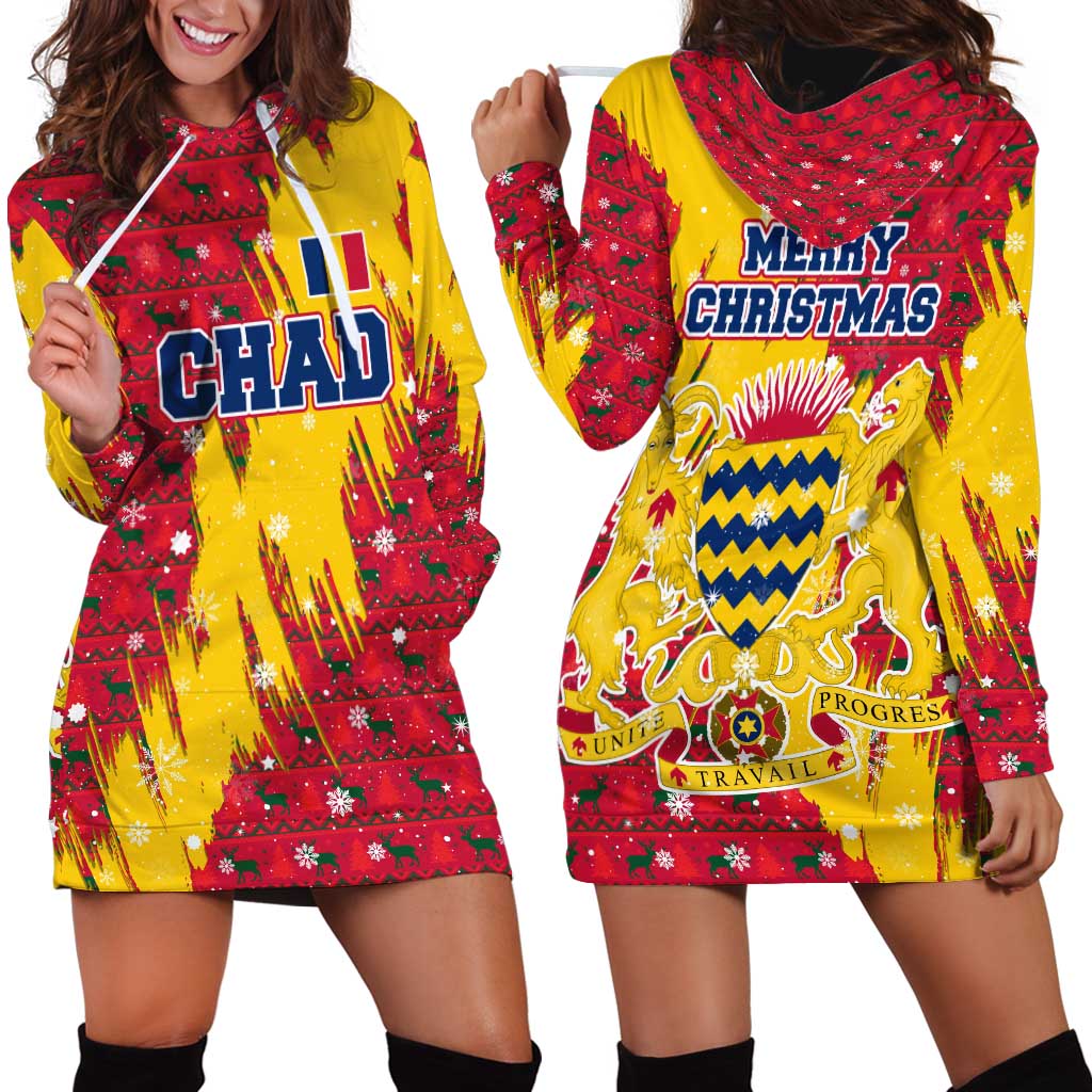 Chad Christmas Hoodie Dress with Red-Yellow Festive Pattern, National Coat of Arms, and Snowflake Accents TS04
