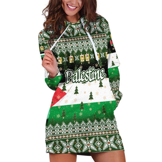 Palestine Christmas Hoodie Dress with Green-White Theme, Tree Ornaments, and Nativity Scene Motif TS04
