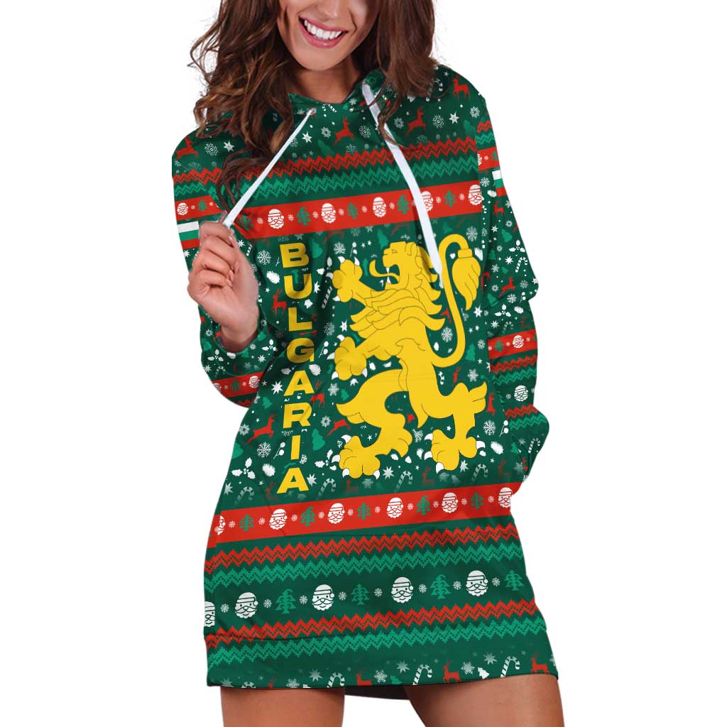 Bulgaria Christmas Hoodie Dress with Green-Red Theme, Golden Lion, and Santa Sleigh Motif TS04