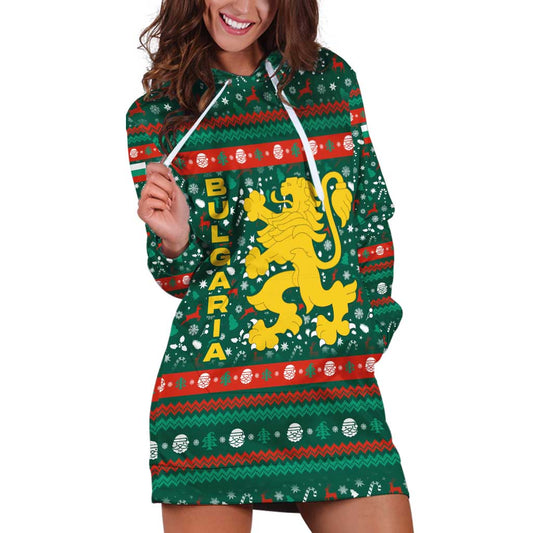Bulgaria Christmas Hoodie Dress with Green-Red Theme, Golden Lion, and Santa Sleigh Motif TS04