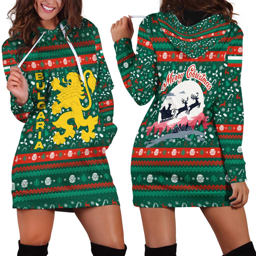 Bulgaria Christmas Hoodie Dress with Green-Red Theme, Golden Lion, and Santa Sleigh Motif TS04